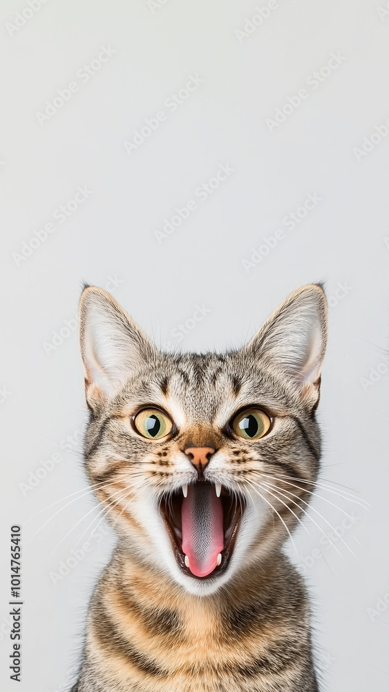 Excited tabby cat with open mouth. Funny pet animal laughing or shouting on vertical background with copy space on top. Excited tabby cat with open mouth. Funny pet animal laughing or shouting on vertical background with copy space on top.