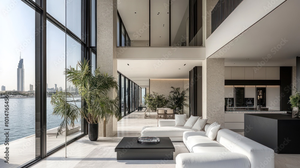 Modern luxury living room with panoramic views of a waterfront cityscape. Modern luxury living room with panoramic views of a waterfront cityscape.