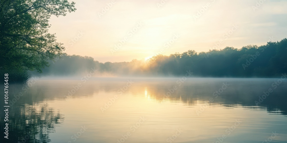 A serene sunrise over a misty lake, reflecting soft colors and peaceful nature, creating a tranquil atmosphere. A serene sunrise over a misty lake, reflecting soft colors and peaceful nature, creating a tranquil atmosphere.