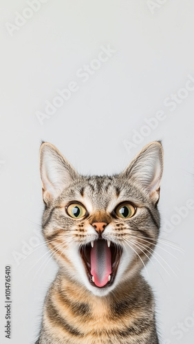 Excited tabby cat with open mouth. Funny pet animal laughing or shouting on vertical background with copy space on top.