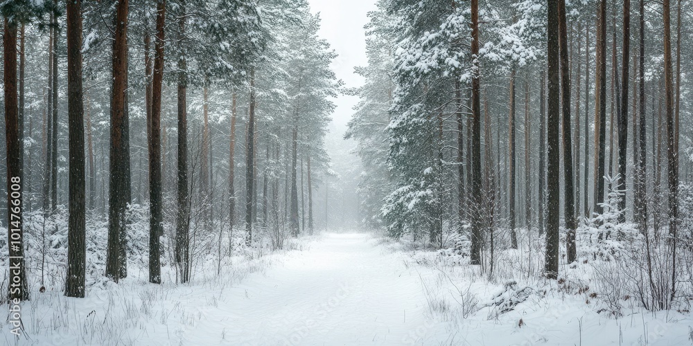 A serene winter pathway through a snow-covered forest, surrounded by tall, frosted trees in a tranquil, white landscape. A serene winter pathway through a snow-covered forest, surrounded by tall, frosted trees in a tranquil, white landscape.