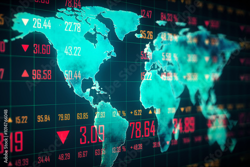 Foto Digital world map with financial data and market indexes displayed