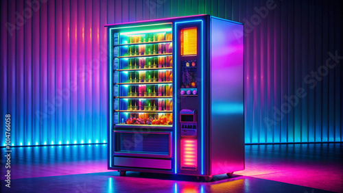 A retro 1980s vending machine, with holographic snacks glowing in neon colors