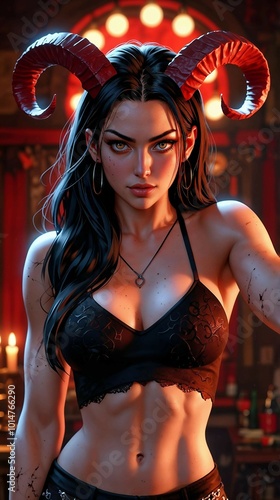 portrait of a woman with horns wearing a black bra looking at camera