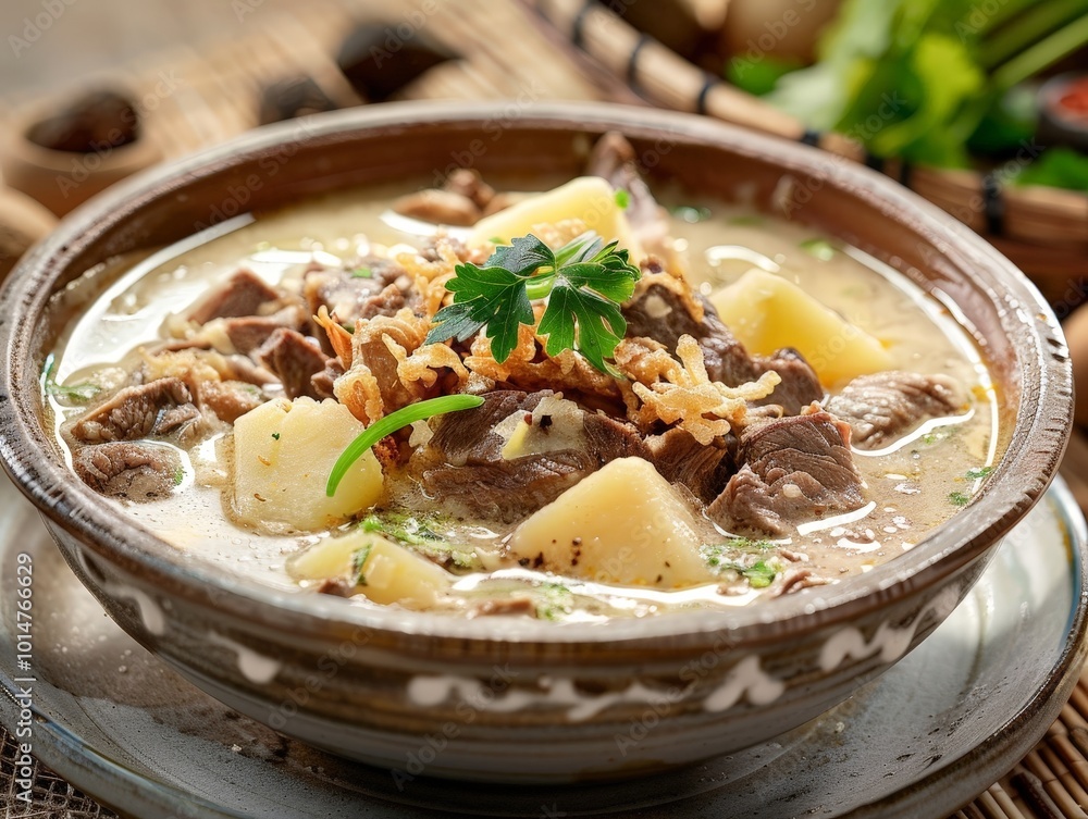 Close-up of a Bowl of Creamy Soup with Meat, Potatoes, and Crispy Onions Close-up of a Bowl of Creamy Soup with Meat, Potatoes, and Crispy Onions