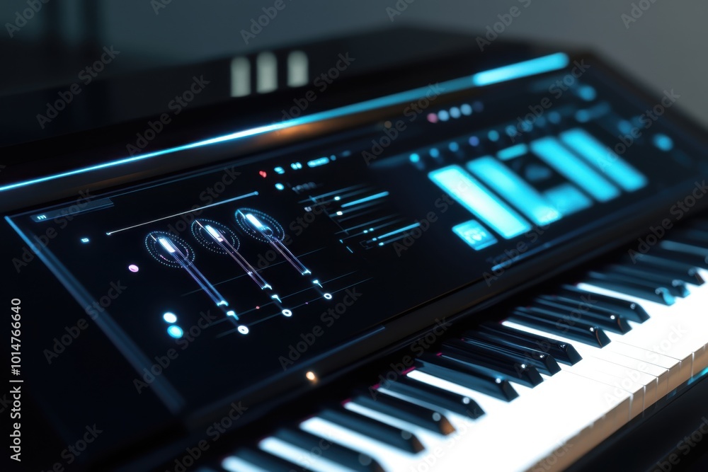 Futuristic close-up of a digital piano keyboard, LED lights illuminating the keys, sleek design, showcasing technology and innovation in music. Futuristic close-up of a digital piano keyboard, LED lights illuminating the keys, sleek design, showcasing technology and innovation in music.