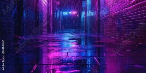 A vibrant alley with neon lights reflecting on wet pavement, creating a moody atmosphere in a rainy urban setting.