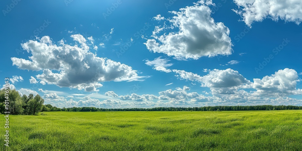 Obraz premium A vibrant green field under a bright blue sky sprinkled with fluffy white clouds, perfect for nature and landscape themes.