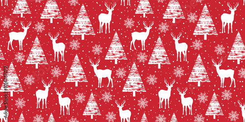 Christmas seamless pattern with deer and Christmas trees on a red background. Vector illustration for gift wrapping paper, fabric, clothes, textile, surface textures, scrapbook.