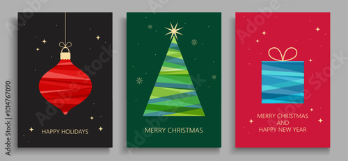 Set of greeting cards with Christmas and New Year. Christmas tree, Christmas tree toy, gift. Vector illustration photo