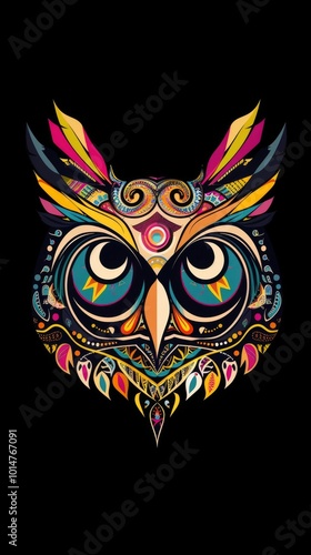 Owl head with minimalistic tribal patterns in bright colors.