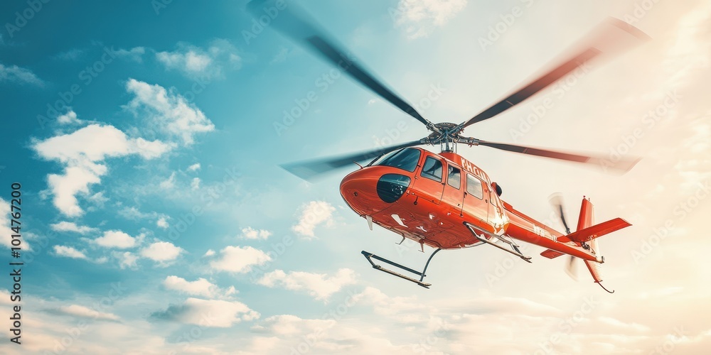 A vibrant red helicopter flying through a blue sky, showcasing the thrill and technology of air travel and adventure. A vibrant red helicopter flying through a blue sky, showcasing the thrill and technology of air travel and adventure.