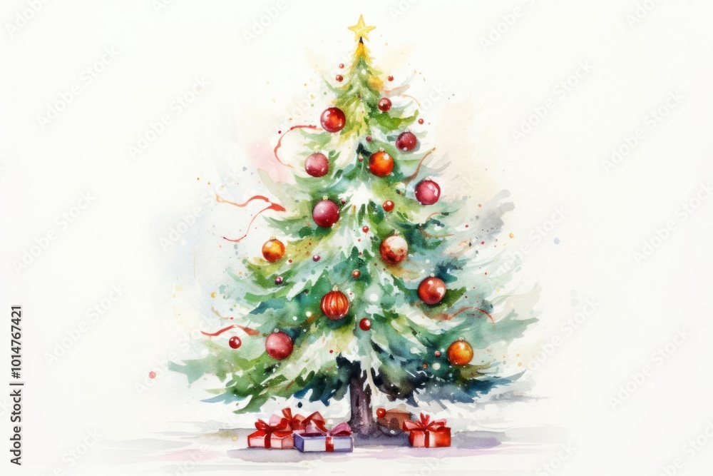 Create a festive watercolor graphic of a Christmas celebration with a decorated tree and classic holiday elements in vibrant reds Create a festive watercolor graphic of a Christmas celebration with a decorated tree and classic holiday elements in vibrant reds