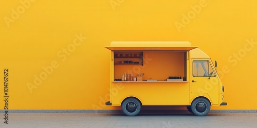 Bright yellow food truck against a vibrant yellow wall, offering a lively and cheerful ambiance for street food lovers. photo