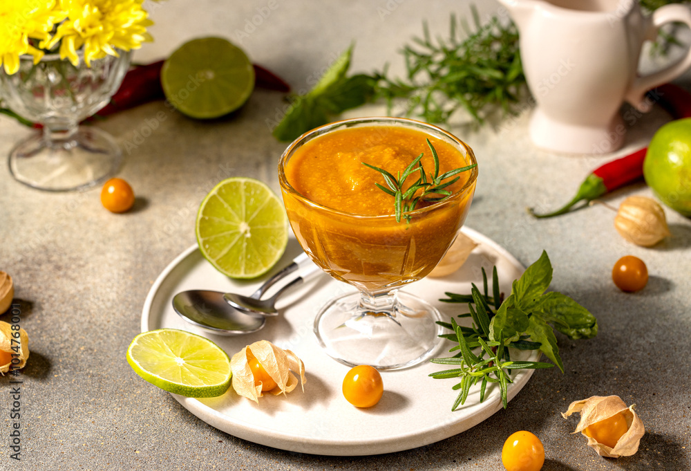 Cape gooseberry sauce with rosemary and lime on a table setting Cape gooseberry sauce with rosemary and lime on a table setting