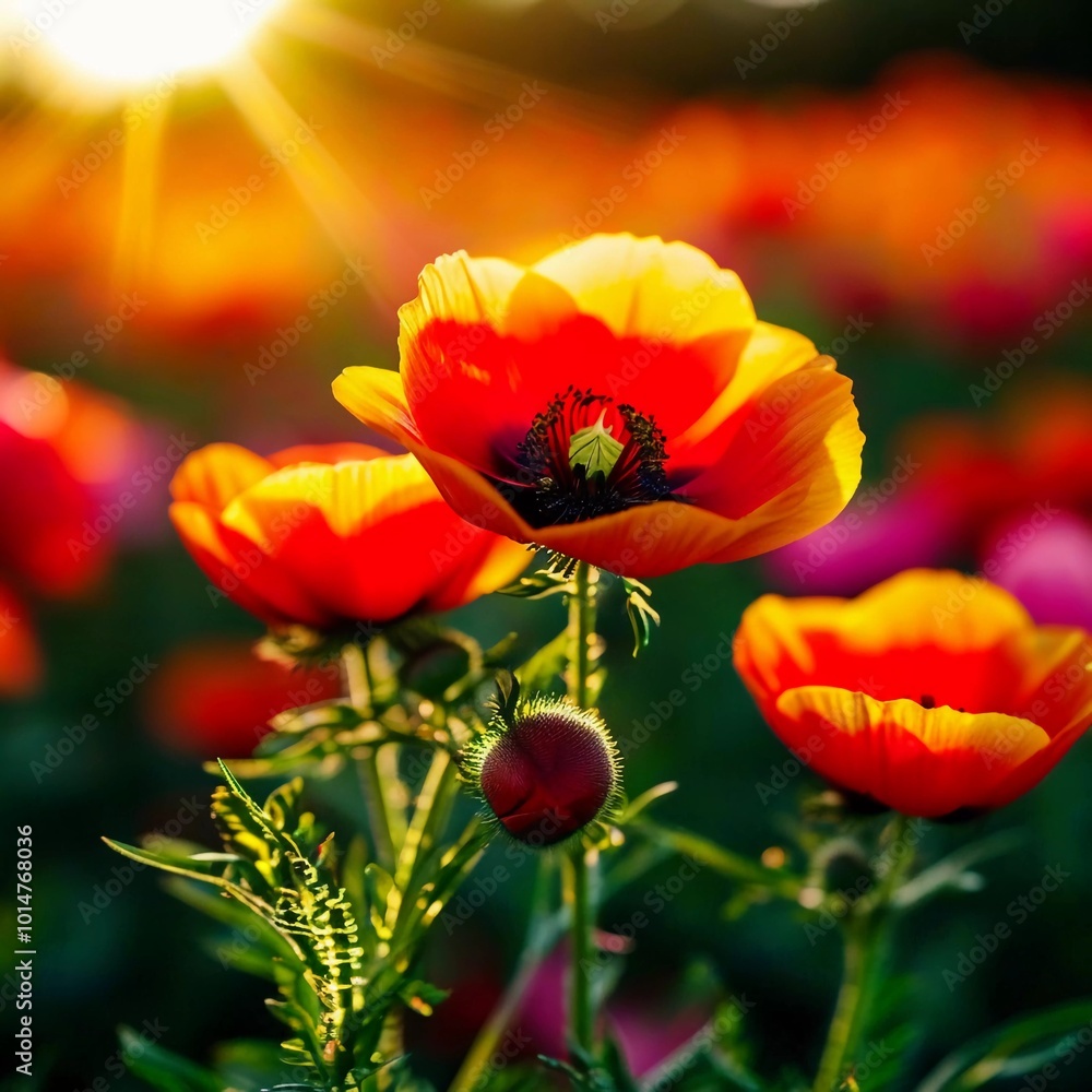 A field filled with striking red and yellow poppies captures the brilliant colors of spring as the sun sets, highlighting the blossoms vibrant glow. Generative AI A field filled with striking red and yellow poppies captures the brilliant colors of spring as the sun sets, highlighting the blossoms vibrant glow. Generative AI