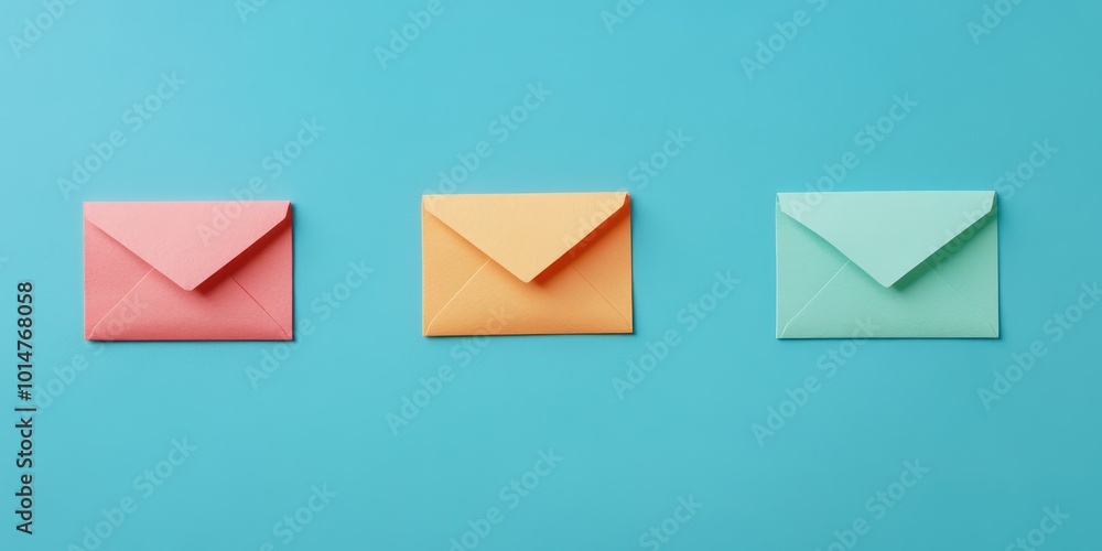 Colorful envelopes arranged neatly on a vibrant blue background, perfect for any creative or business project. Colorful envelopes arranged neatly on a vibrant blue background, perfect for any creative or business project.
