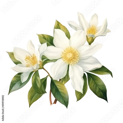 Elegant White Blossoms with Lush Green Leaves on Branches