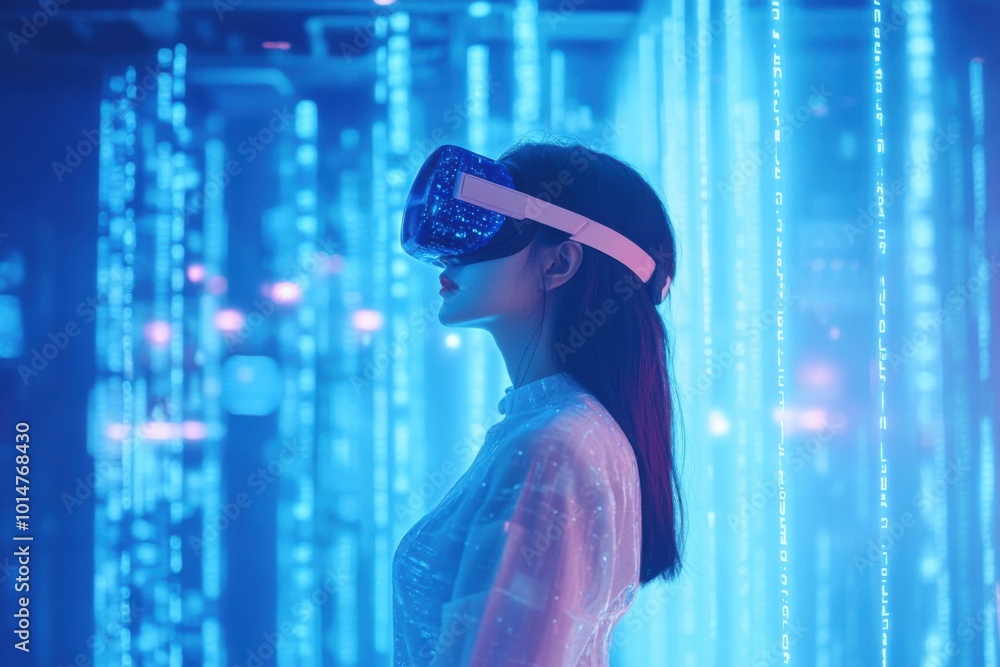 A Korean woman standing in a futuristic room, wearing VR glasses, with floating holographic data and digital elements surrounding her, symbolizing advanced technology and immersive experiences A Korean woman standing in a futuristic room, wearing VR glasses, with floating holographic data and digital elements surrounding her, symbolizing advanced technology and immersive experiences