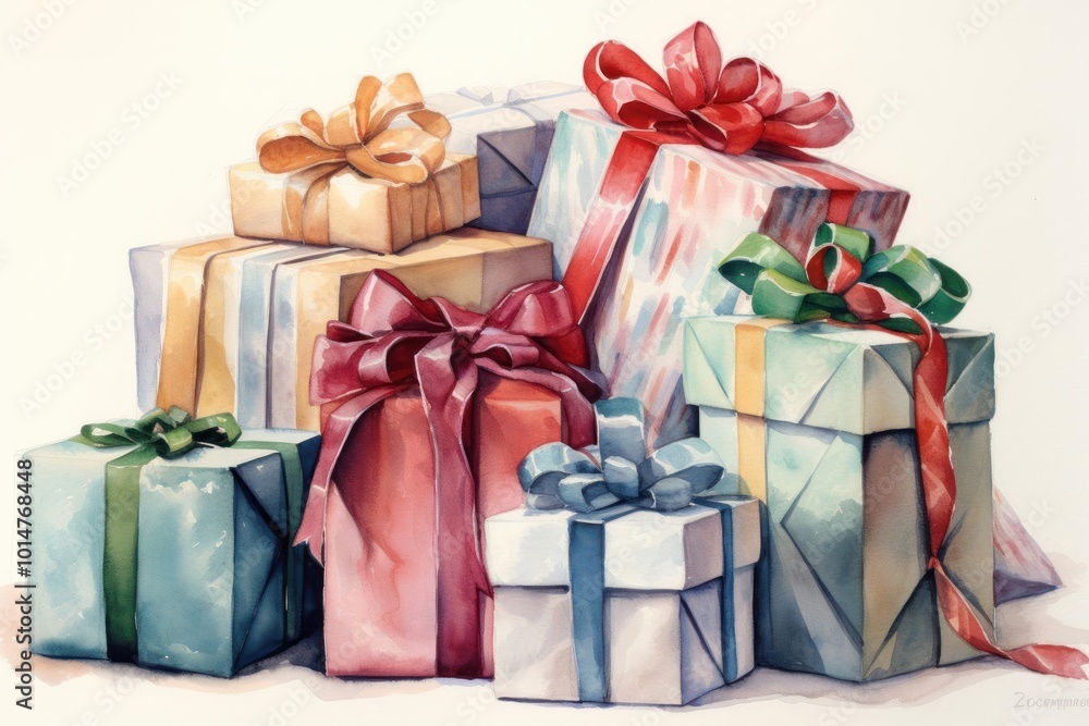 Design a charming watercolor composition showcasing a collection of Christmas presents wrapped in a variety of colors and sizes Design a charming watercolor composition showcasing a collection of Christmas presents wrapped in a variety of colors and sizes