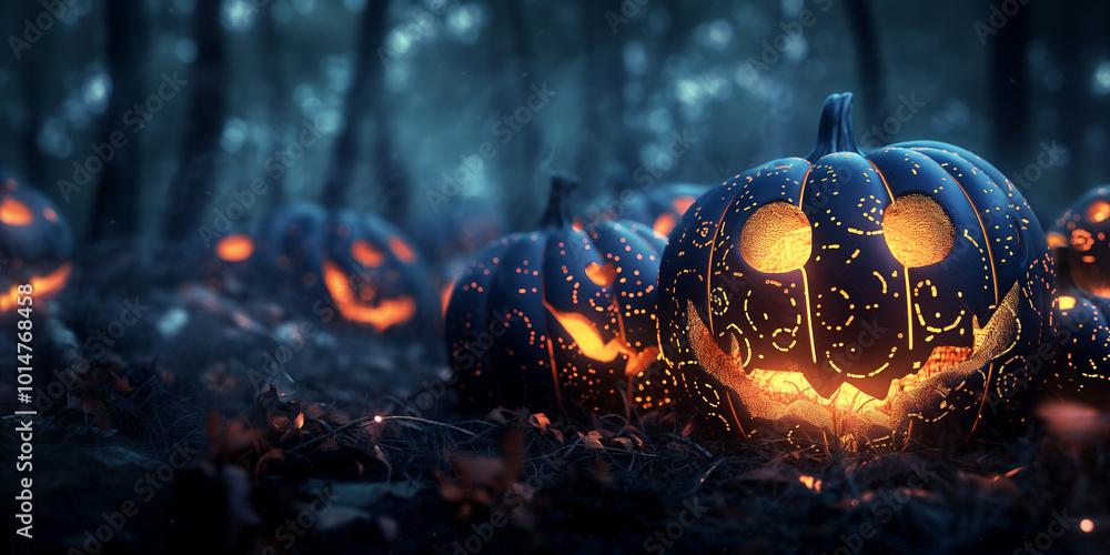 Smiling jack o lantern pumpkin with decorative motifs in dark haunted woods Smiling jack o lantern pumpkin with decorative motifs in dark haunted woods