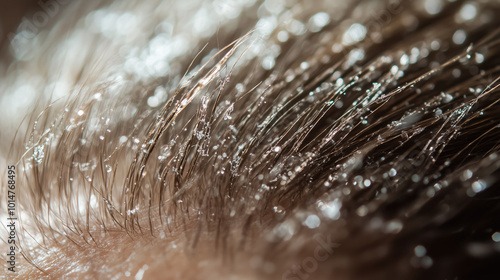 Macro Image of Psoriasis on Human Scalp with Visible Thick Silver Scales, Redness, and Skin Irritation for Dermatology and Medical Use photo