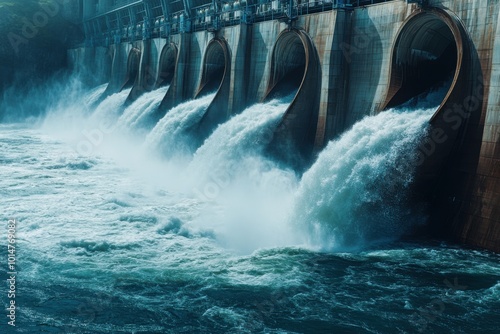 A close-up of a hydroelectric dam's turbines in motion, with water crashing through the concrete structure, surrounded by mist and vibrant blue water, symbolizing energy generation photo