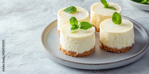 Delicious mini cheesecakes on a plate, garnished with mint leaves, perfect for desserts or special occasions.