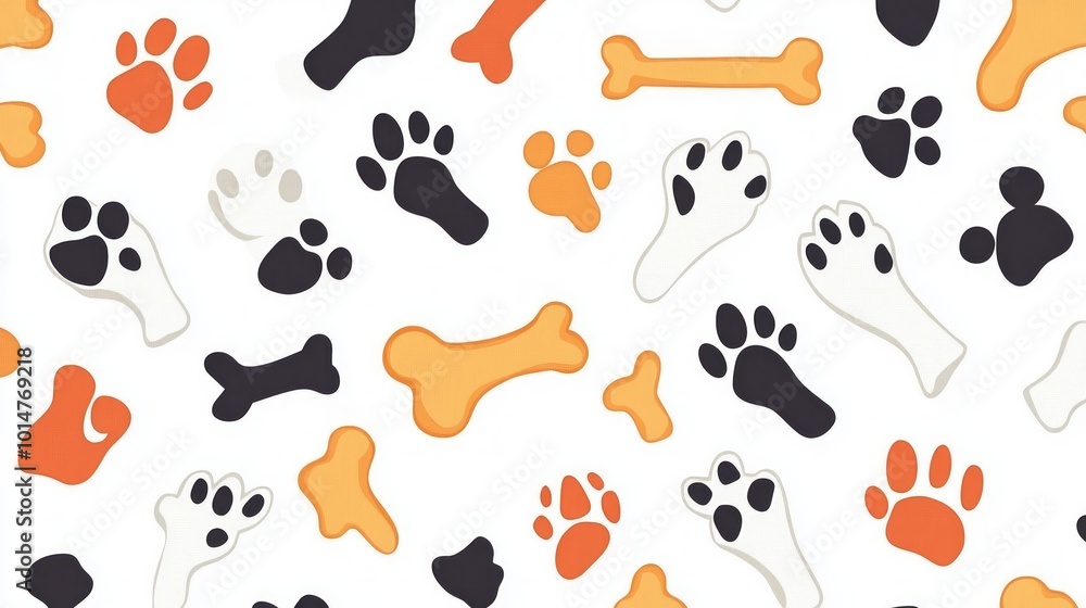 Seamless pattern with paw prints and bones on white background. Seamless pattern with paw prints and bones on white background.