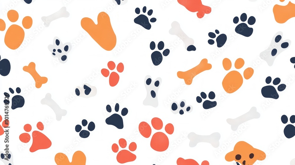 Fototapeta premium Seamless pattern of dog paw prints and bones in black, orange, pink and white on white background.