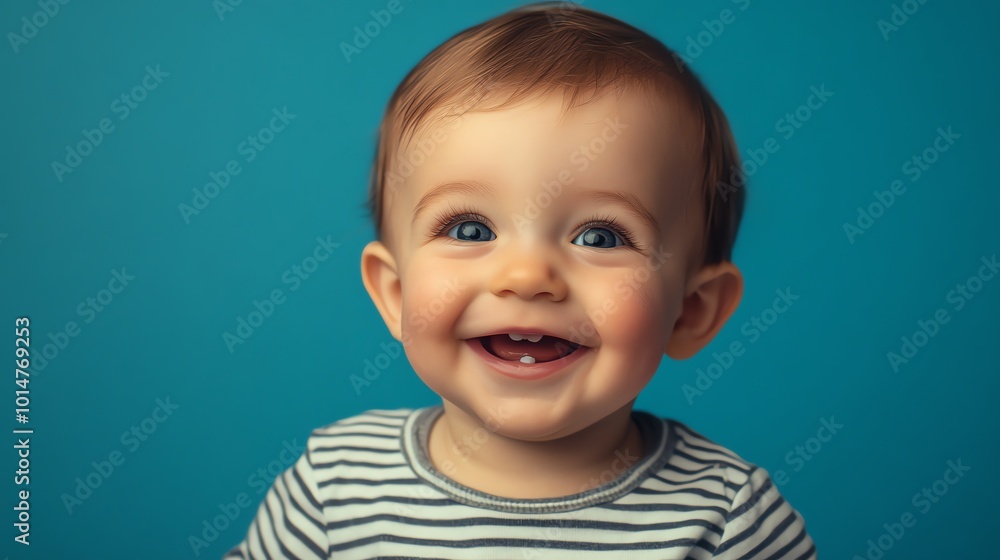 A baby with blue eyes and a big smile, in a striped shirt against a blue background. A baby with blue eyes and a big smile, in a striped shirt against a blue background.