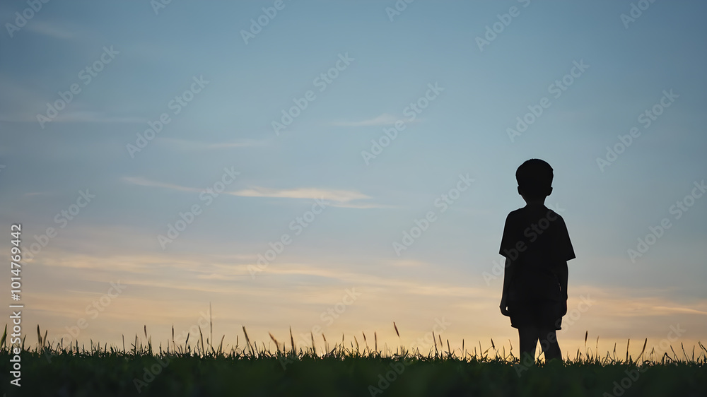 Silhouette of child on meadow, summertime. AI generated image, ai Silhouette of child on meadow, summertime. AI generated image, ai