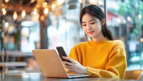 Young Woman Using Phone and Laptop in Cafe