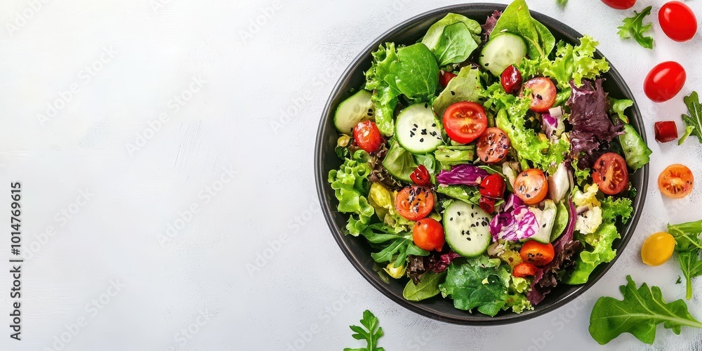 Fresh and vibrant salad bowl filled with greens, tomatoes, and cucumbers, perfect for healthy eating and nutrition. Fresh and vibrant salad bowl filled with greens, tomatoes, and cucumbers, perfect for healthy eating and nutrition.