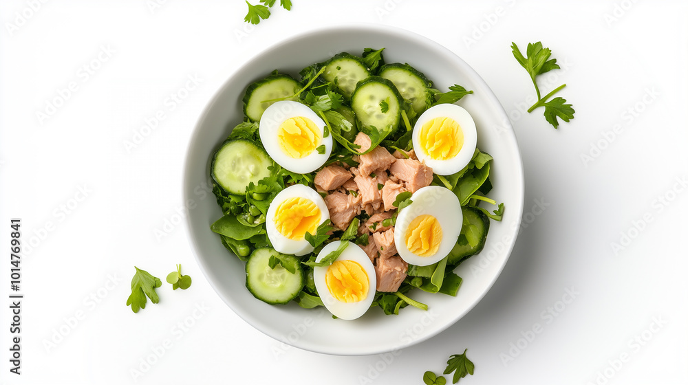 Fresh salad with spinach, cucumber, and sliced boiled eggs, topped with tuna and garnished with parsley, creating healthy and vibrant meal. Fresh salad with spinach, cucumber, and sliced boiled eggs, topped with tuna and garnished with parsley, creating healthy and vibrant meal.