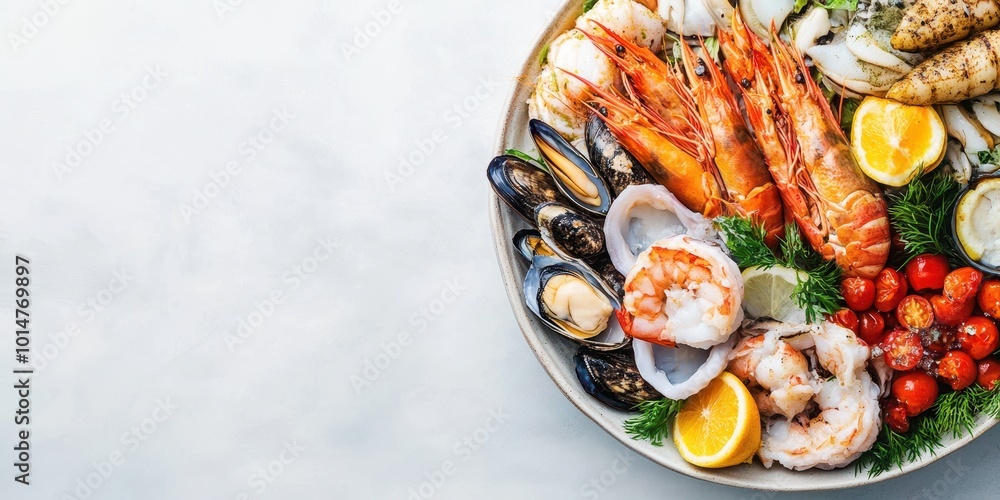 Fresh seafood platter featuring shrimp, mussels, and lemon garnishes on a clean, bright plate. Fresh seafood platter featuring shrimp, mussels, and lemon garnishes on a clean, bright plate.