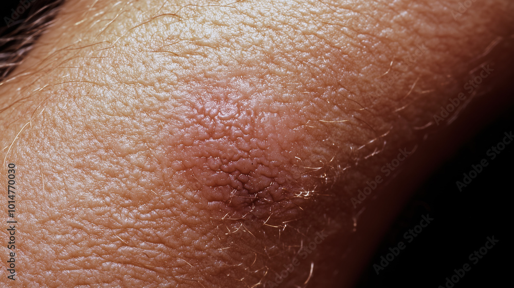 Fototapeta premium Close-up Examination of Dermatofibroma on Leg Featuring Firm Raised Lesion and Dark Center for Medical Illustration