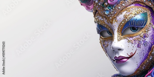 Intricate carnival mask featuring vibrant colors, ornate designs, and sparkling jewels, perfect for celebrations or masquerade events. photo