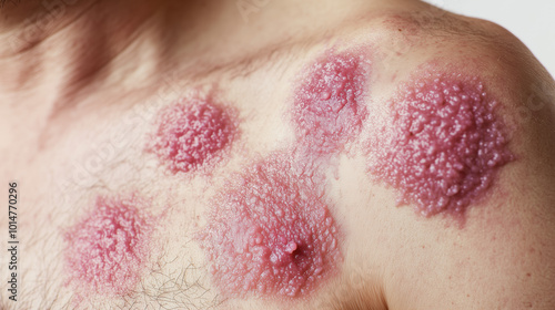 Clinical Close-Up of Cutaneous T-Cell Lymphoma on Chest Illustrating Red Scaly Patches for Dermatological Analysis