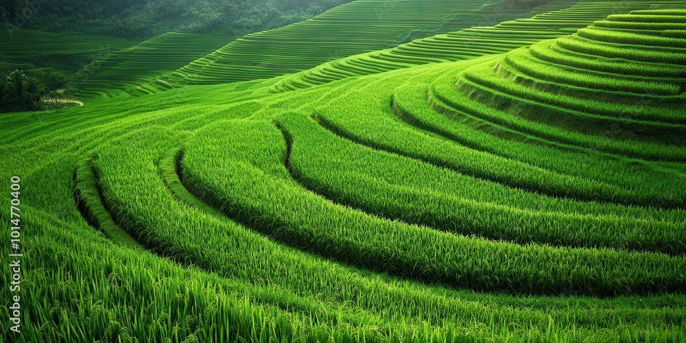 Fototapeta premium Lush green terraced fields showcase the beauty of agricultural landscape and sustainable farming practices in harmony with nature.