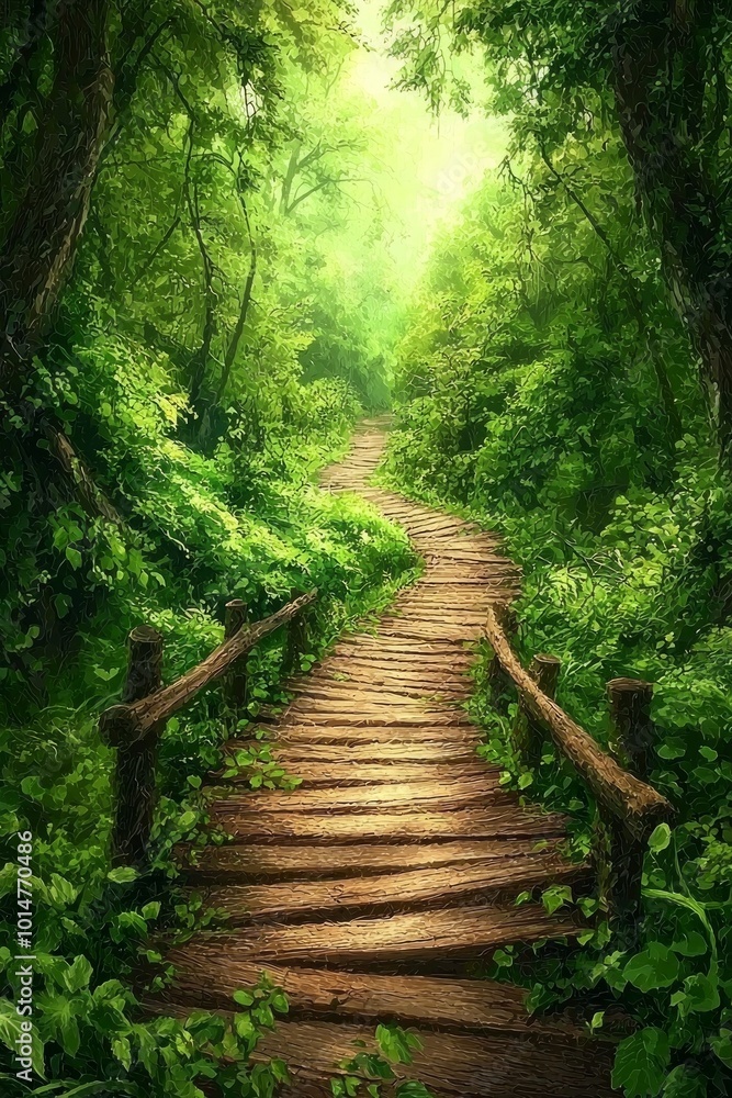 Obraz premium A wooden pathway through a green forest, highly detailed, bright exposure 