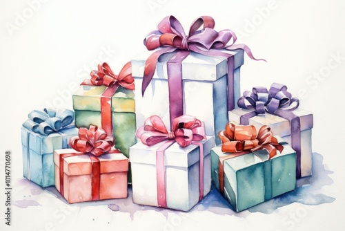 Produce a festive watercolor illustration of Christmas presents viewed from above Include a variety of beautifully wrapped gifts with colorful ribbons and bows Incorporate flowing