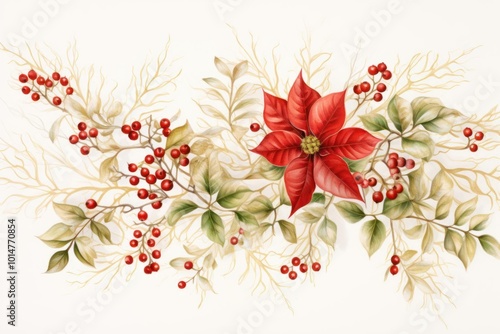 Produce a nature-inspired Christmas graphic design with a birds-eye view Depict delicate holly leaves