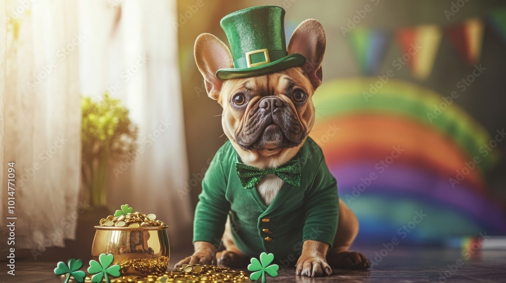 A playful dog dressed in a green outfit and top hat sits peacefully beside a pot of gold coins, with colorful decorations in the background, capturing the essence of a festive celebration. A playful dog dressed in a green outfit and top hat sits peacefully beside a pot of gold coins, with colorful decorations in the background, capturing the essence of a festive celebration.