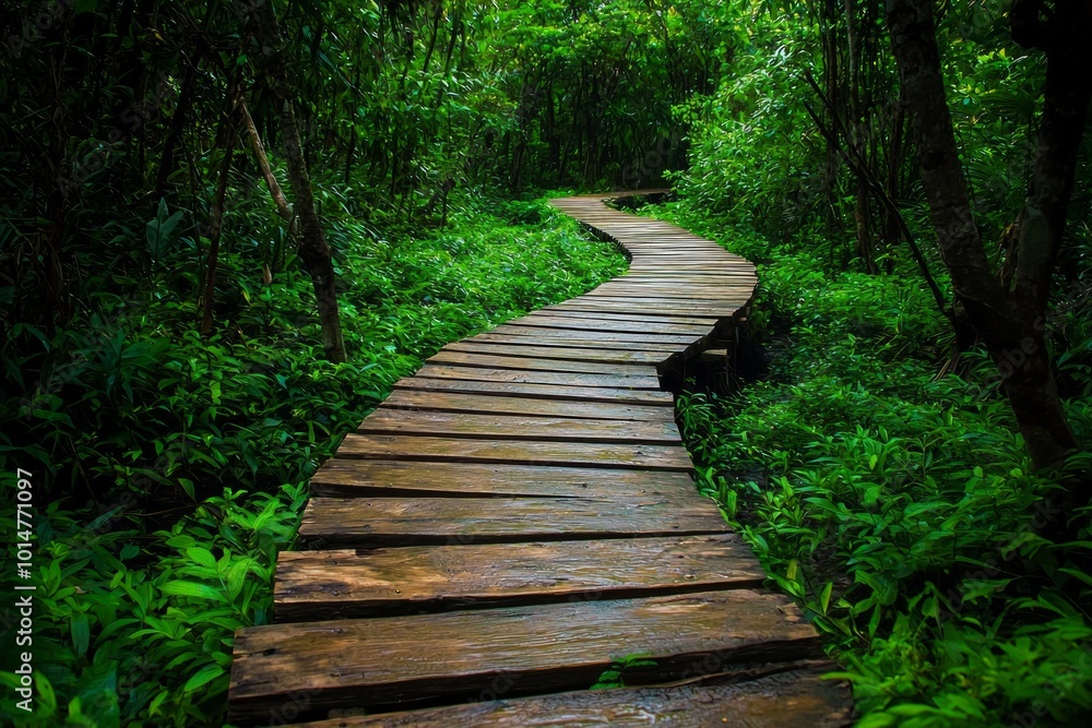 A wooden pathway through a green forest, highly detailed, bright exposure A wooden pathway through a green forest, highly detailed, bright exposure
