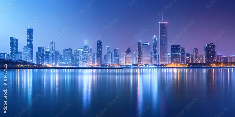 Stunning city skyline at twilight reflecting on water, showcasing modern architecture and vibrant lights. Stunning city skyline at twilight reflecting on water, showcasing modern architecture and vibrant lights.