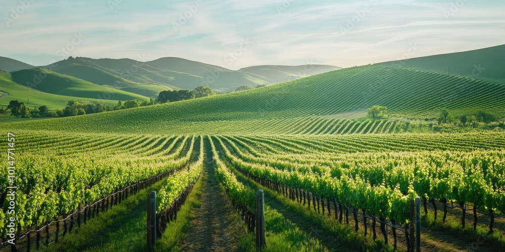 Stunning vineyard landscape with rows of lush green vines under a sunny sky, showcasing the beauty of nature and agriculture. Stunning vineyard landscape with rows of lush green vines under a sunny sky, showcasing the beauty of nature and agriculture.