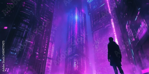 Synthwave skyscraper silhouetted against a neon-lit cityscape.
