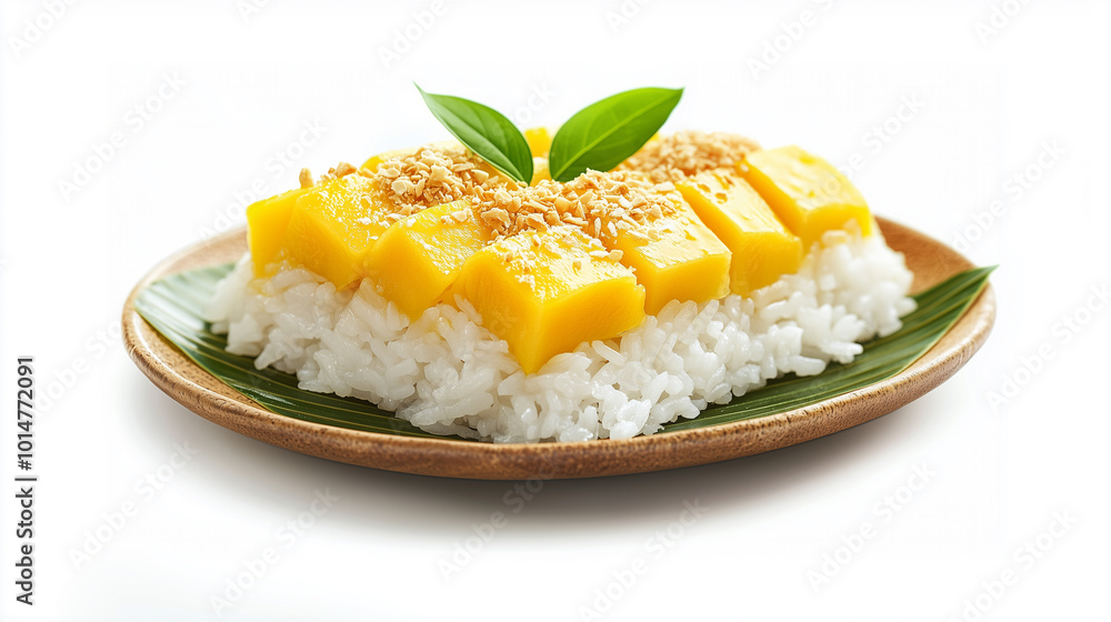 Delight in flavors of this traditional dessert featuring sticky rice topped with ripe mango slices, sprinkled with coconut and crushed peanuts, served on leaf. Delight in flavors of this traditional dessert featuring sticky rice topped with ripe mango slices, sprinkled with coconut and crushed peanuts, served on leaf.