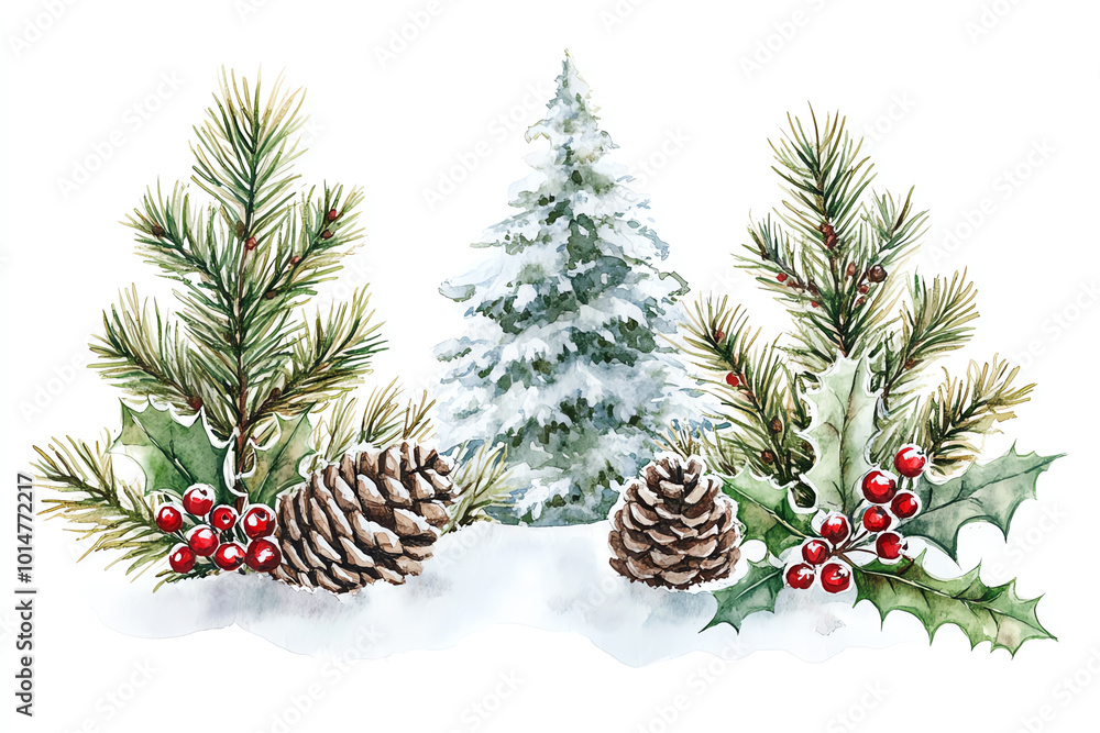 Craft a detailed watercolor illustration showcasing snow-covered trees, pine cones, and holly berries in a classic Christmas color palette of greens, reds, and whites Craft a detailed watercolor illustration showcasing snow-covered trees, pine cones, and holly berries in a classic Christmas color palette of greens, reds, and whites